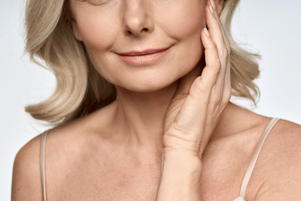A middle-aged woman touching her face