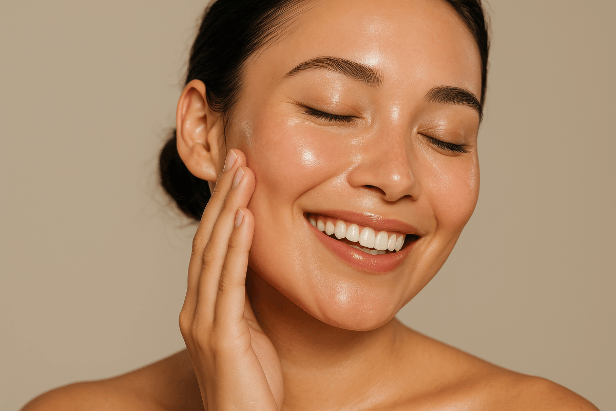 A woman touching her face after receiving skin treatment